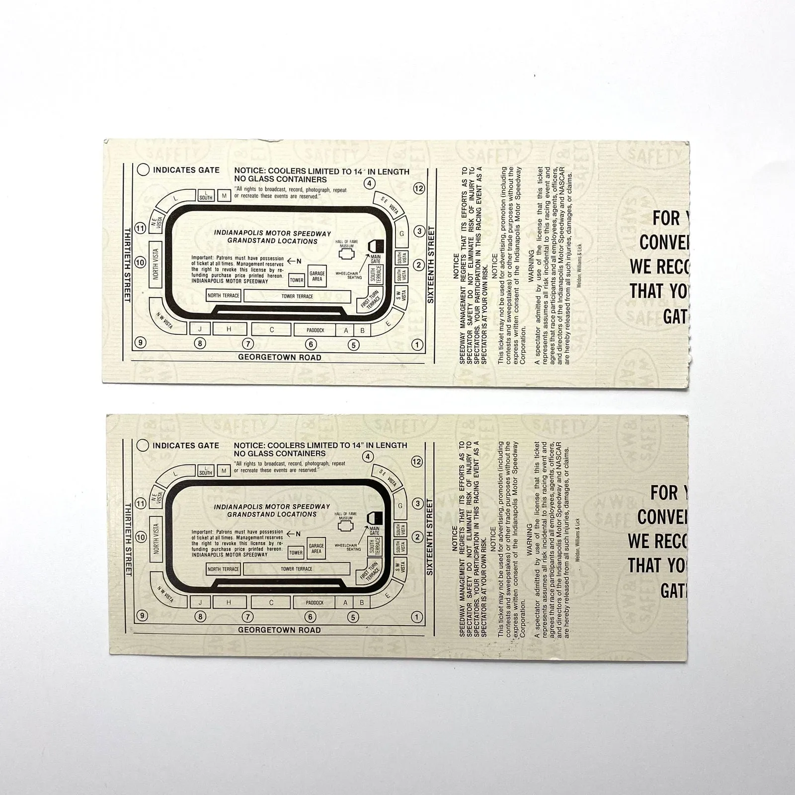 1994 Brickyard 400 Indianapolis Motor Speedway Ticket Stubs, Pair of