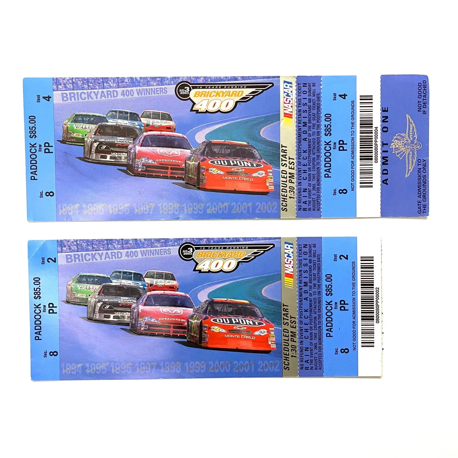 2003 Brickyard 400 Indianapolis Motor Speedway Ticket Stubs, Pair of