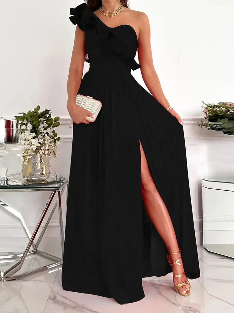 2024 Off Shoulder Diagonal Collar Ruffle Hem Evening Maxi Dress