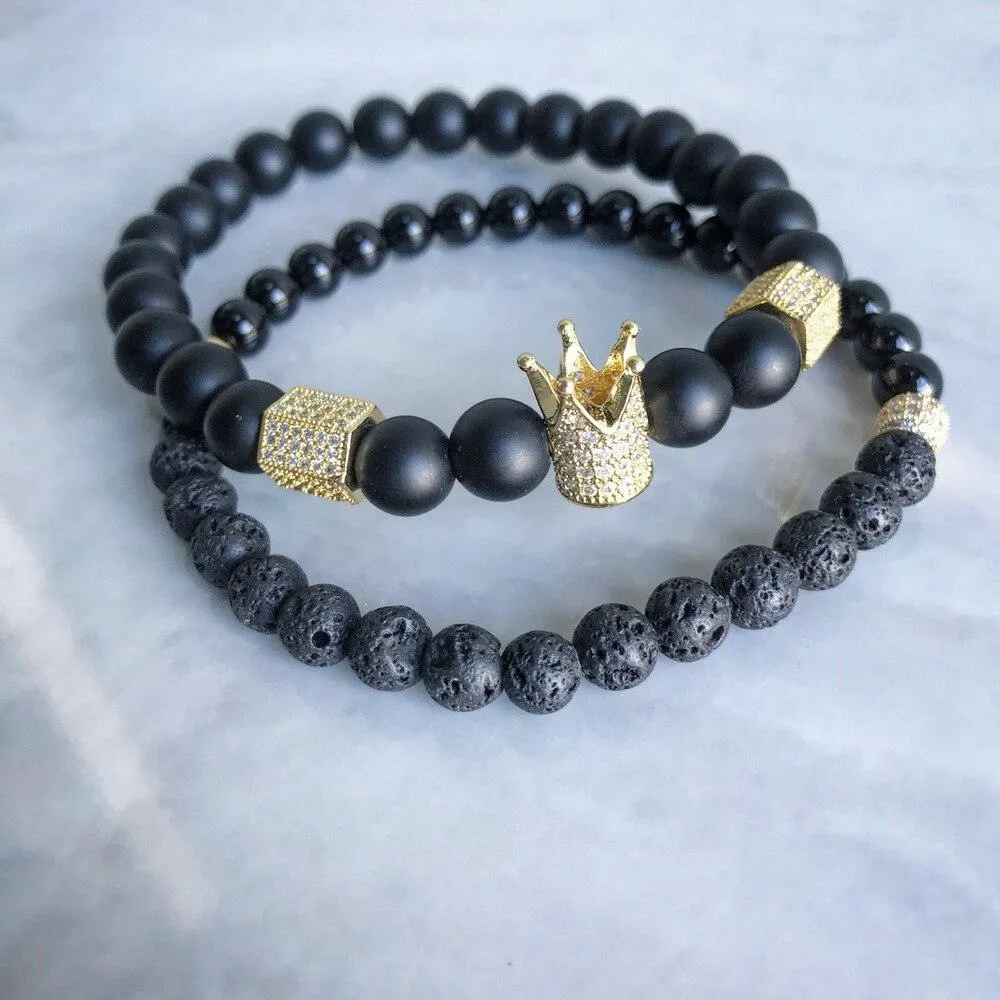 2pcs/Set Beads Male Bracelet, Micro CZ Bead Woven Men Bracelet, Braiding Cord Men Bracelet