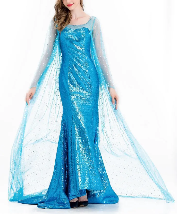 Adult Elsa Frozen Princess Long Dress , Women Girls Halloween Carnival Cosplay Costume