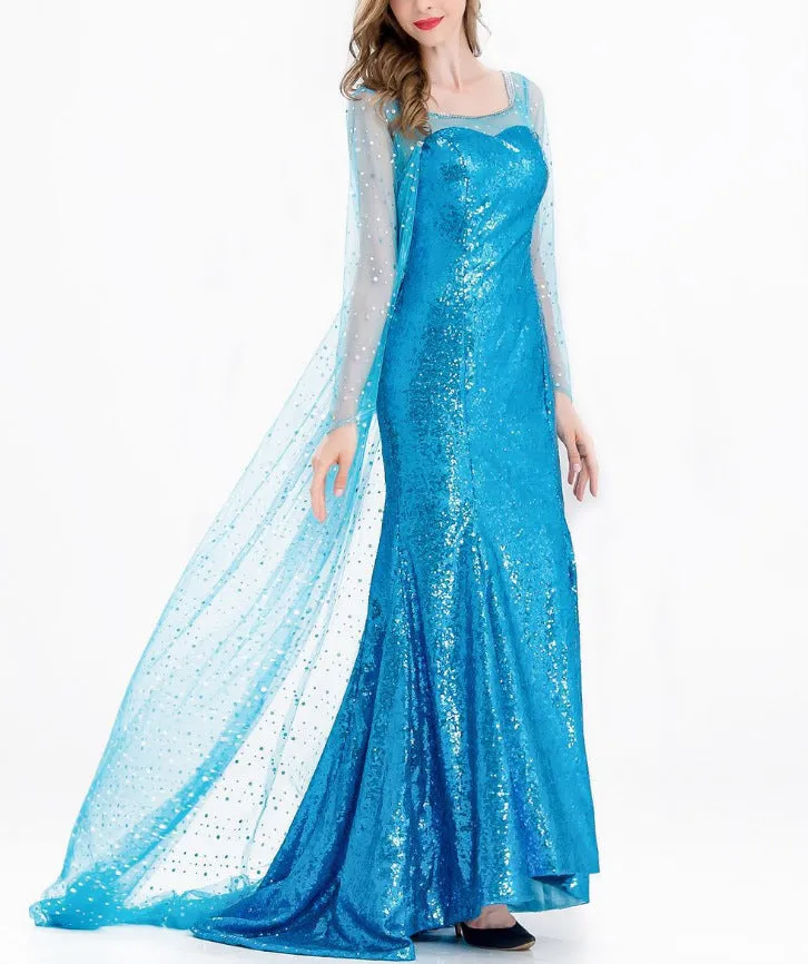 Adult Elsa Frozen Princess Long Dress , Women Girls Halloween Carnival Cosplay Costume