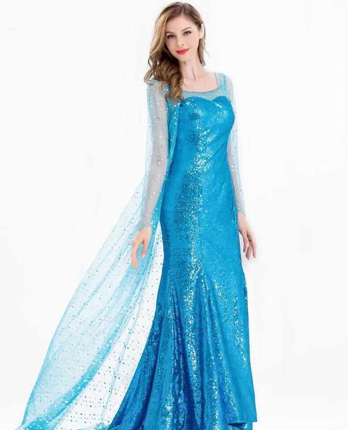 Adult Elsa Frozen Princess Long Dress , Women Girls Halloween Carnival Cosplay Costume