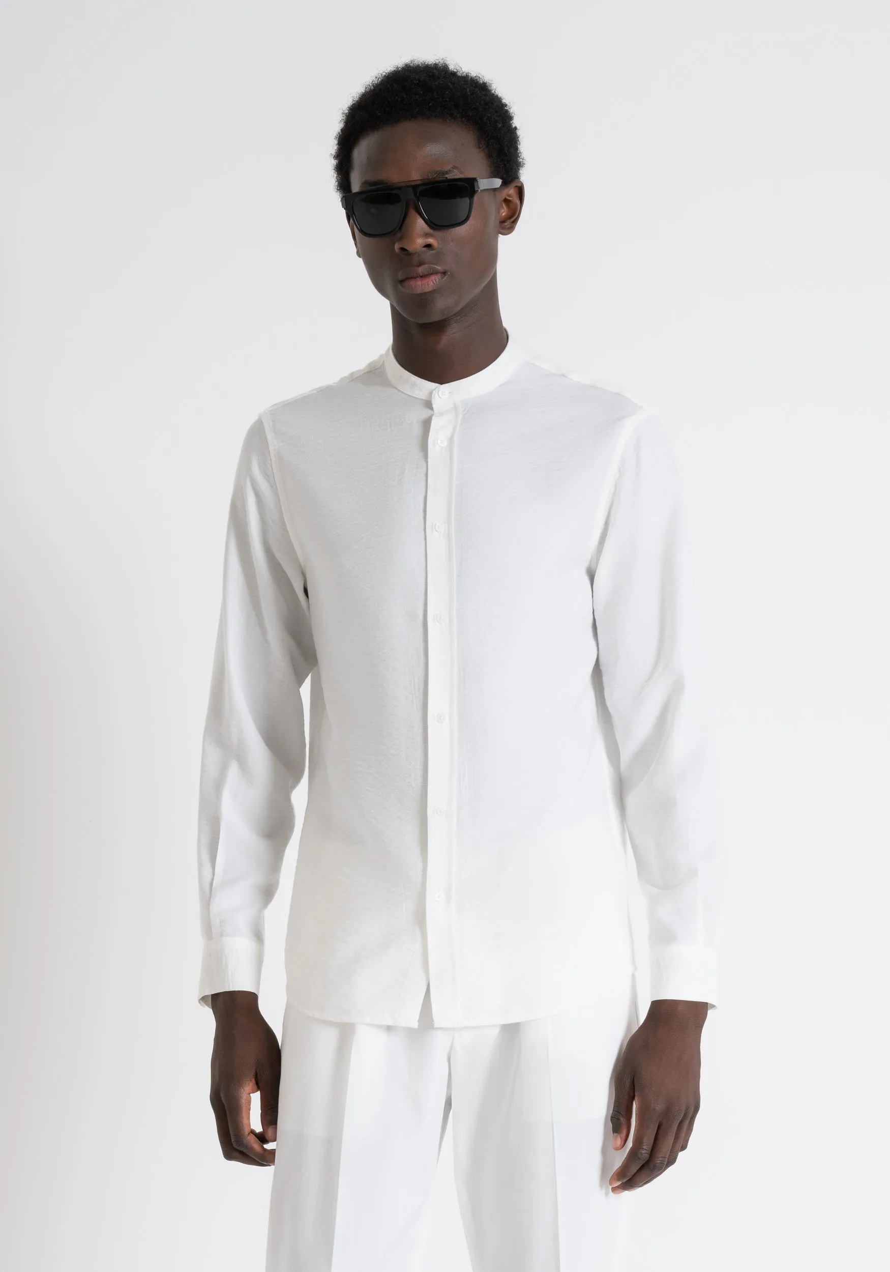 Antony Morato Men Off White Solid Band Collar Full Sleeves Shirt