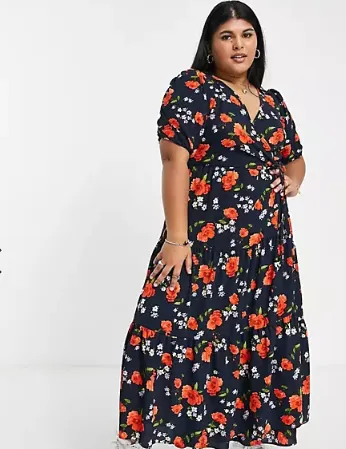 ASOS Design Curve Wrap Front Tiered Smock Midi Dress