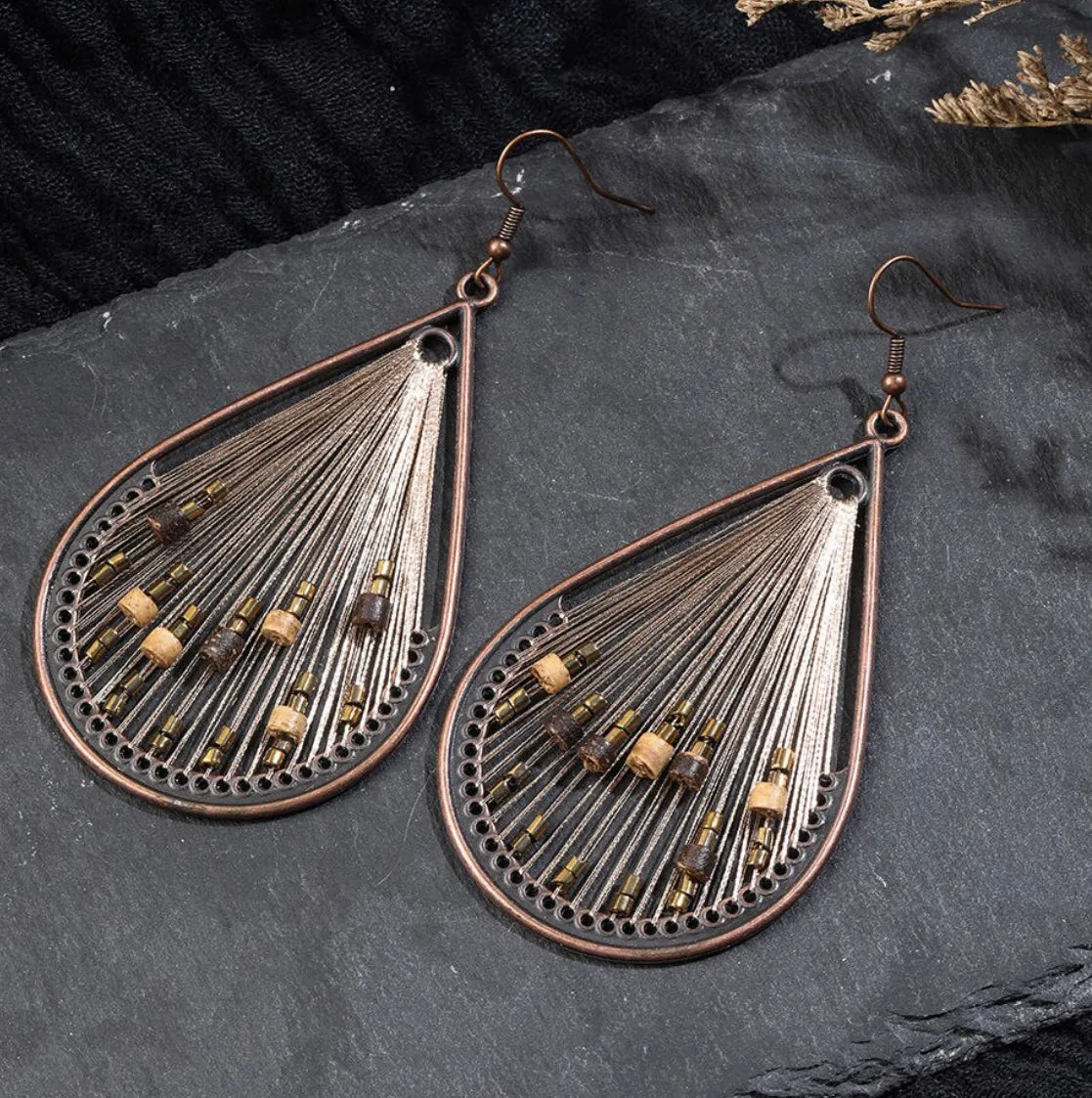 Beige Strings with Bead Accent Teardrop Earrings