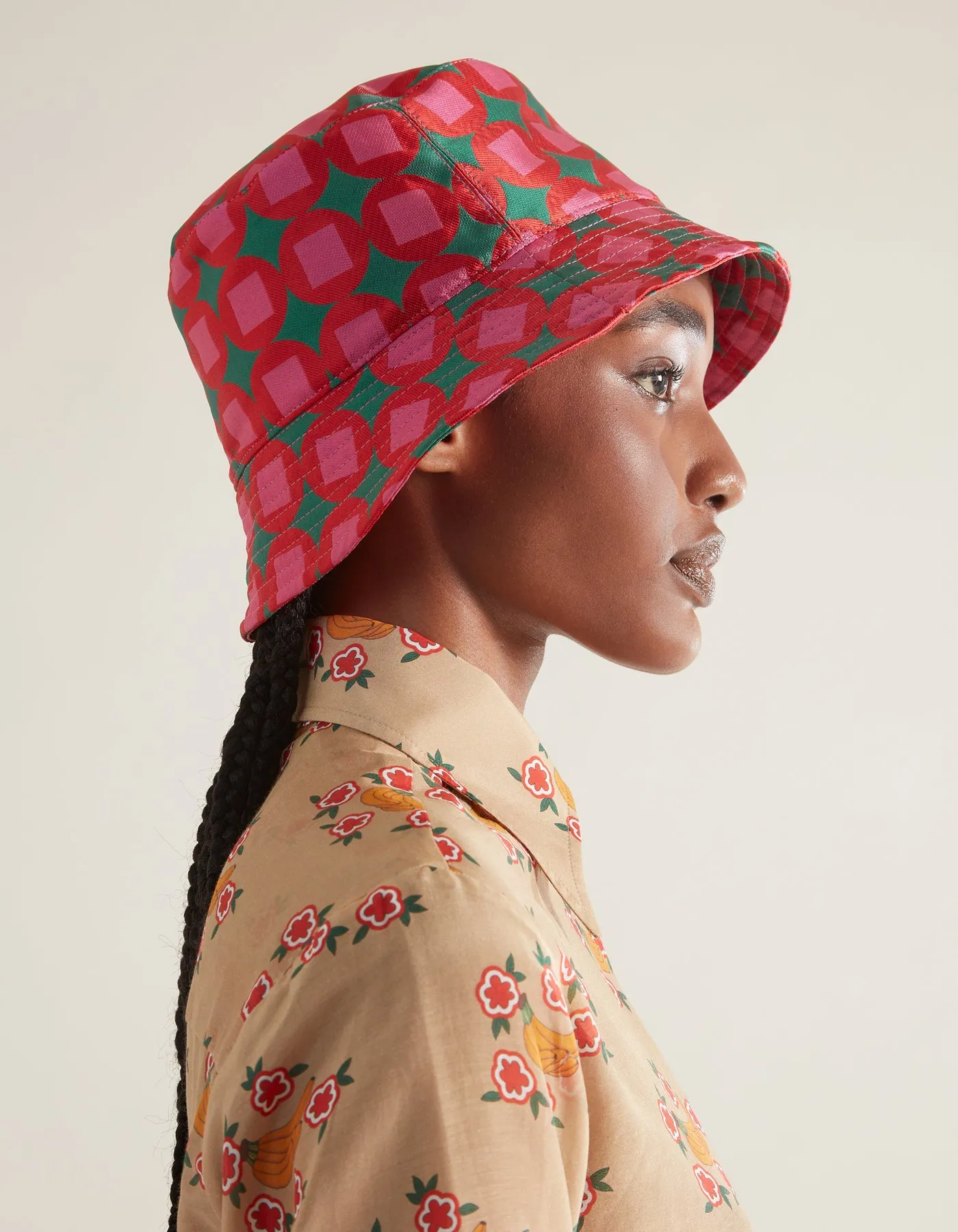 Bucket Hat Green Red Mosaic Print Silk Jacquard