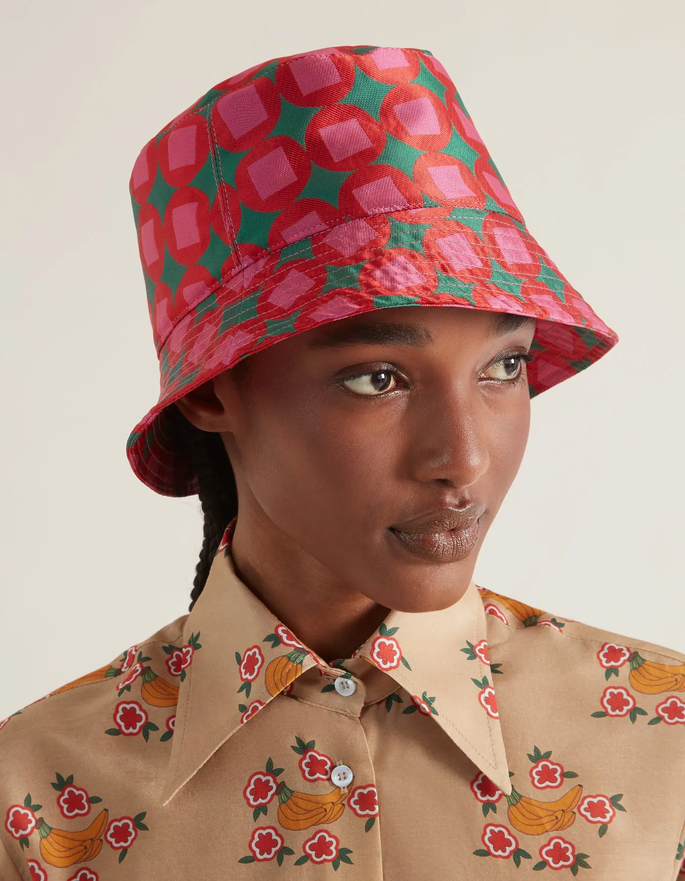 Bucket Hat Green Red Mosaic Print Silk Jacquard