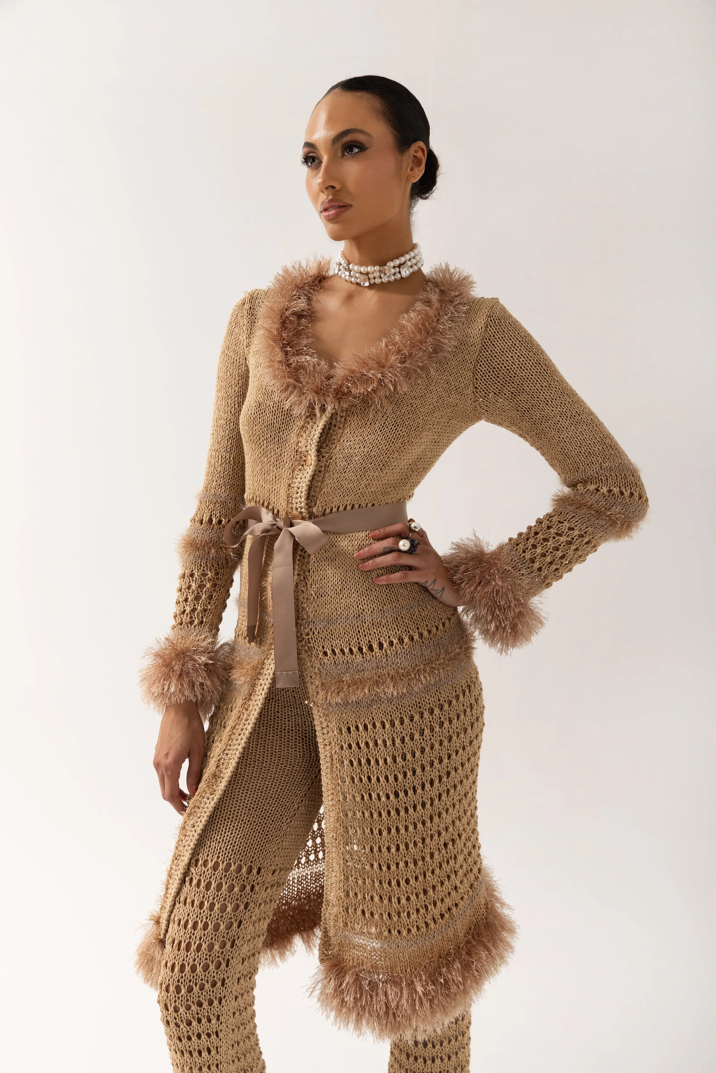 Camila Camel Handmade Knit Cardigan-Dress