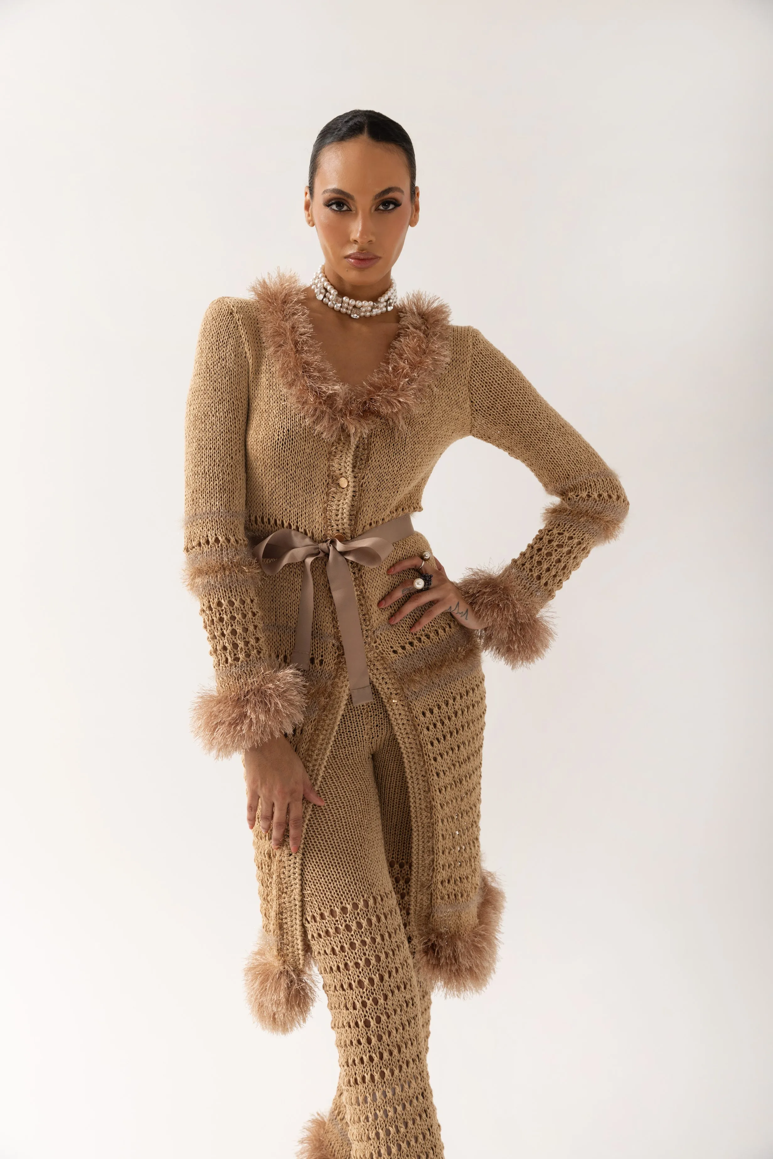 Camila Camel Handmade Knit Cardigan-Dress