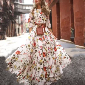 Clearance Half Sleeve Swing Floral-Printed Holiday Maxi Women's Boho Dress