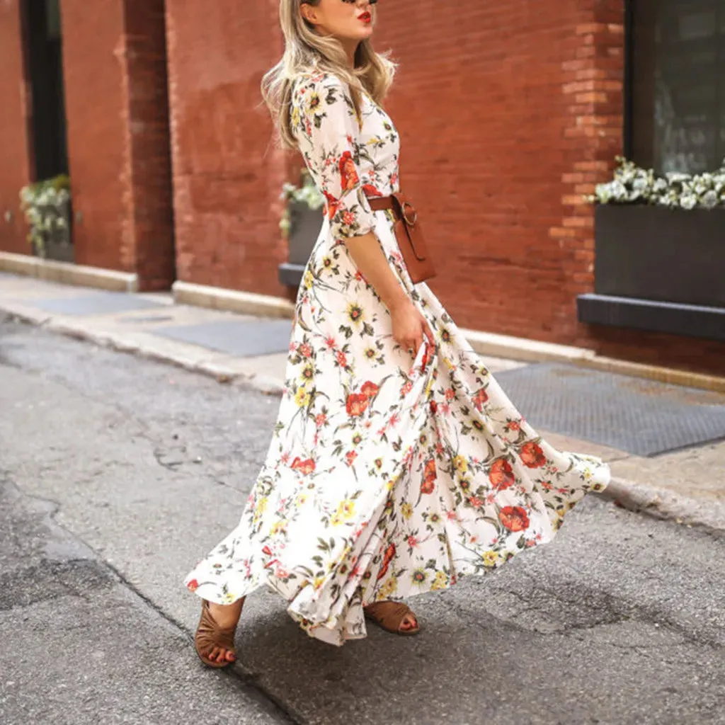 Clearance Half Sleeve Swing Floral-Printed Holiday Maxi Women's Boho Dress