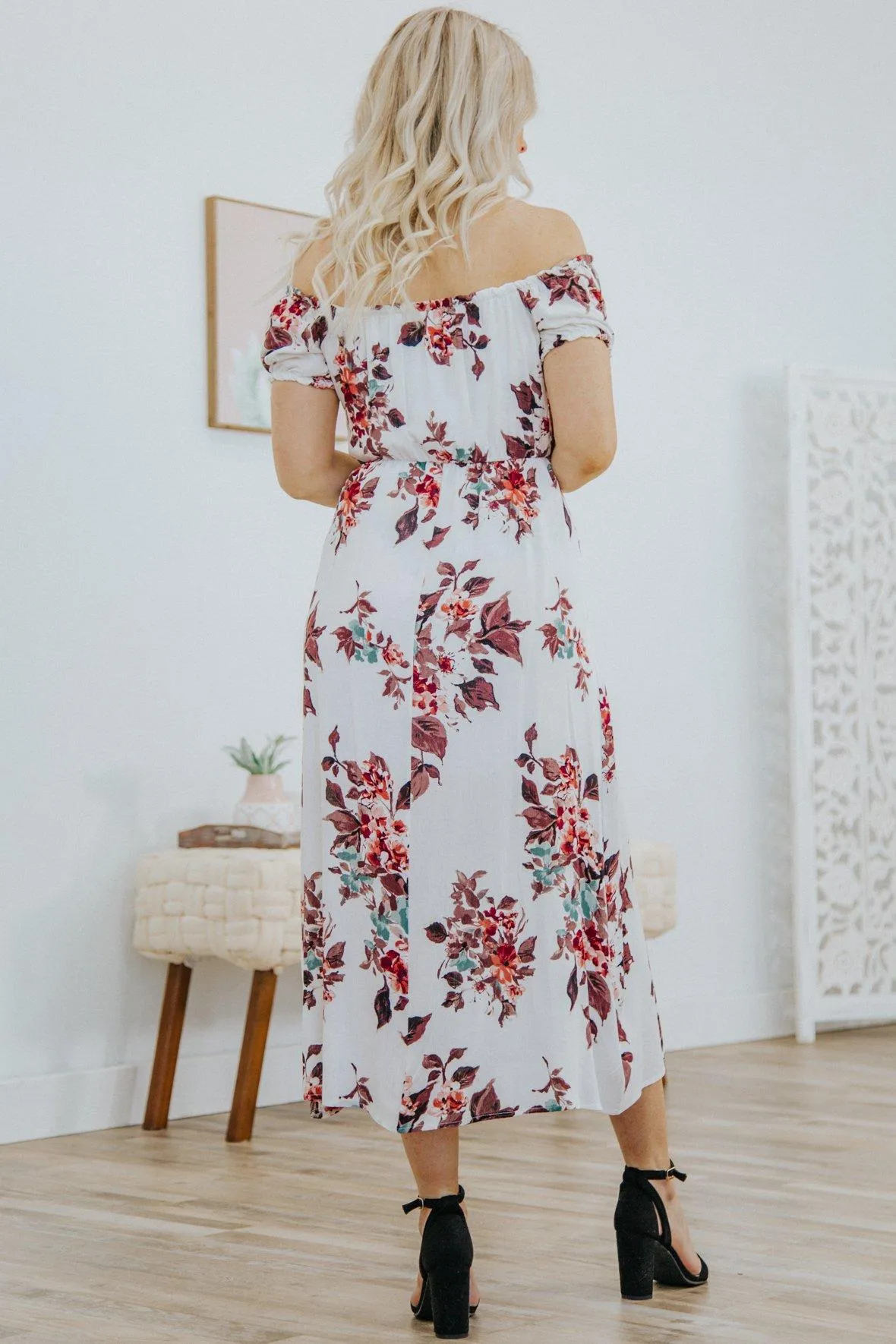 Experience Beauty Floral Off The Shoulder Side Slit Dress in Ivory