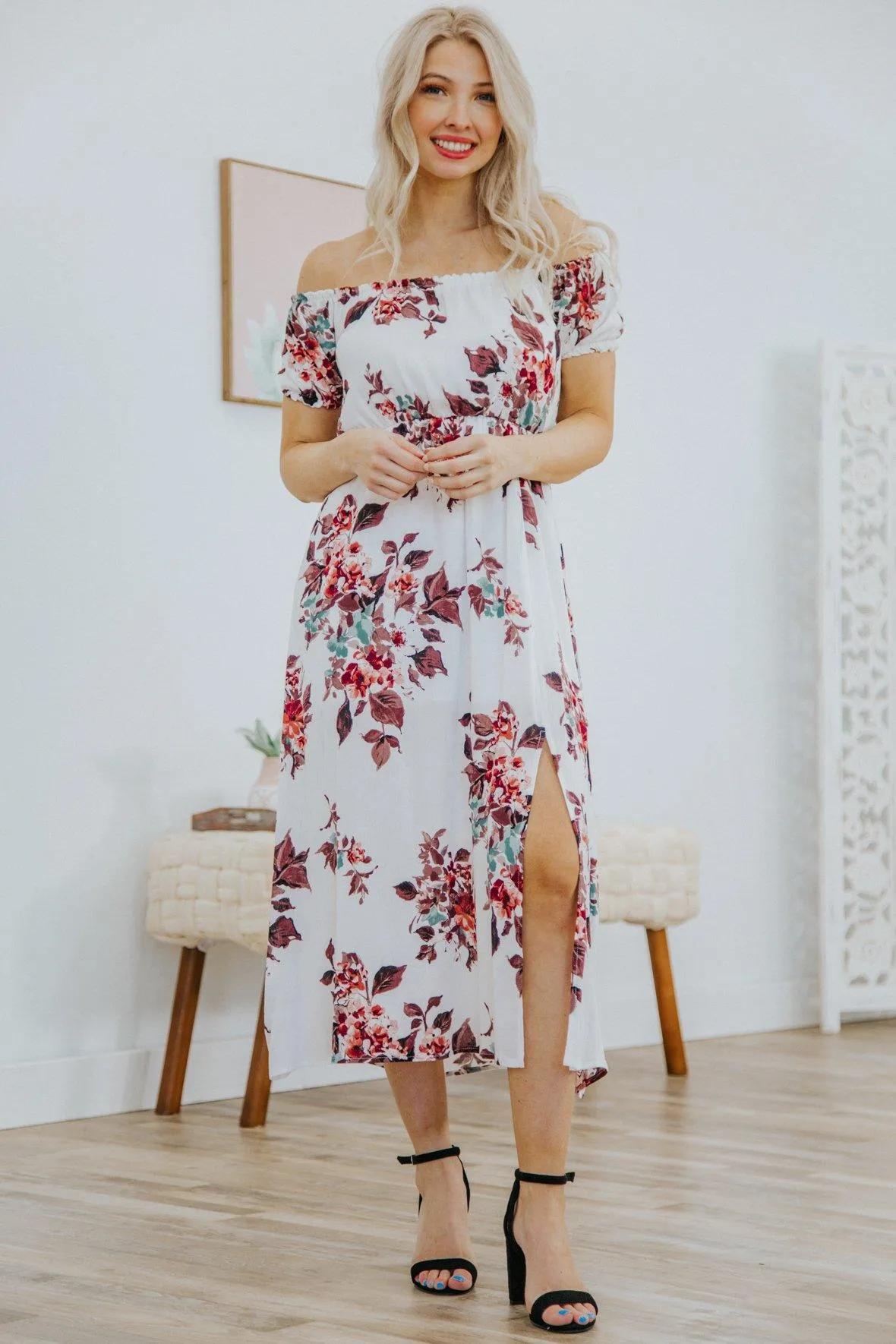 Experience Beauty Floral Off The Shoulder Side Slit Dress in Ivory