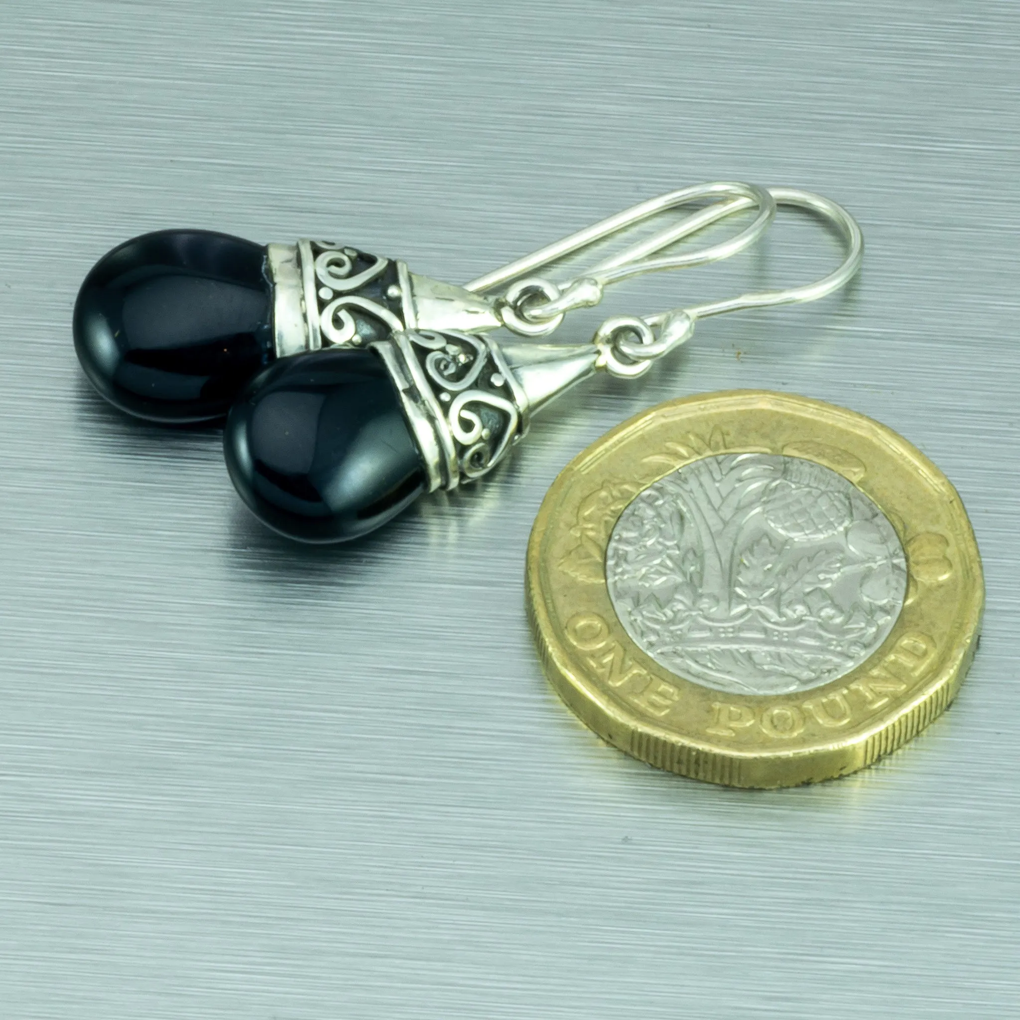 Onyx (ethnic) pebble sterling silver earrings