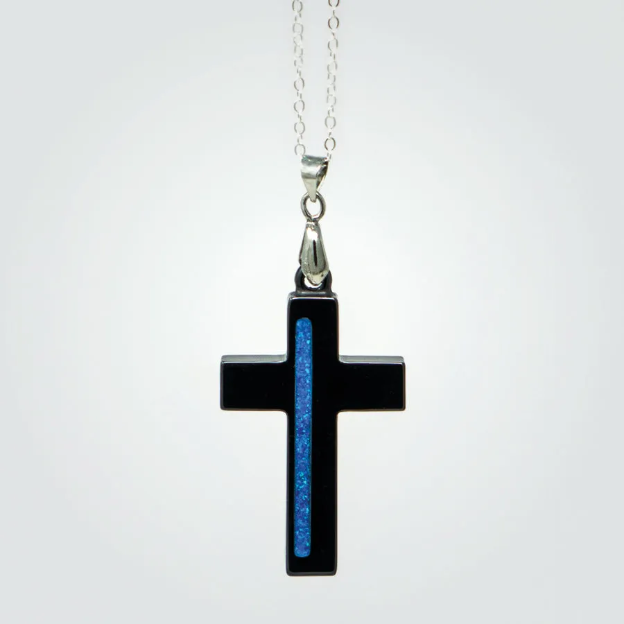 T2T Thin BLUE Line Cross Necklace – (Black Ceramic)