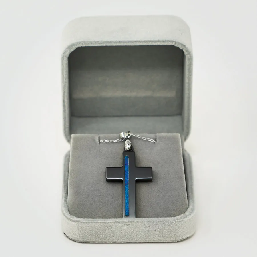 T2T Thin BLUE Line Cross Necklace – (Black Ceramic)