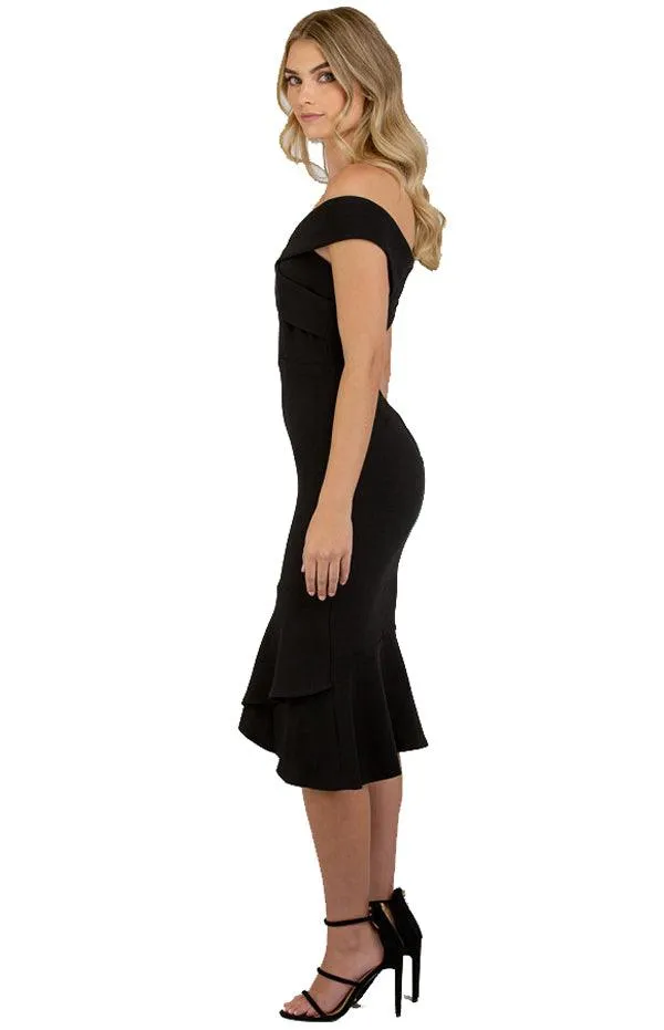 Women's Black Bodycon Off Shoulder with Cross Front Detail Dress